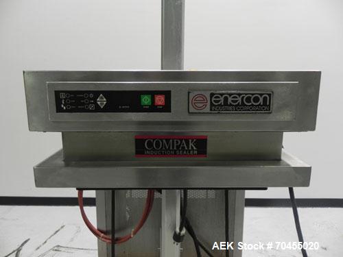 Used Enercon Model Compak 3100 Induction Sealer. Has 2" wide by 1" tall seal bar opening. Stainless steel enclosure, washdown unit. Mounts over conveyor. Has casters. Water cooled. 1 kw rated. 15 amp...