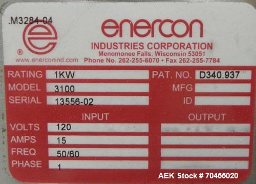 Used Enercon Model Compak 3100 Induction Sealer. Has 2" wide by 1" tall seal bar opening. Stainless steel enclosure, washdown unit. Mounts over conveyor. Has casters. Water cooled. 1 kw rated. 15 amp...