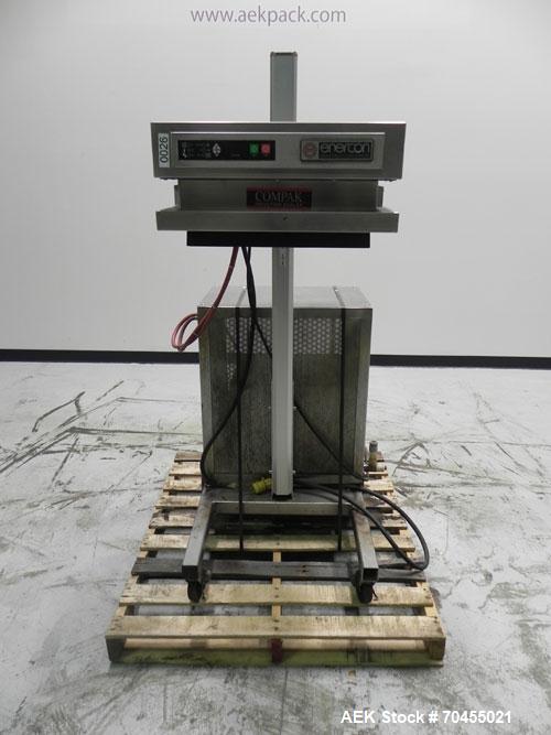 Used Enercon Model Compak 3100 Induction Sealer. Has 2" (wide) by 1" (tall) seal bar opening. Stainless steel enclosure, washdown unit. Mounts over conveyor. Has casters. Water cooled. 1kw rated. 15 ...