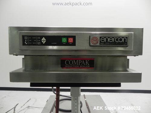 Used Enercon Model Compak 3100 Induction Sealer. Has 2" wide by 1" tall seal bar tunnel opening. Stainless steel enclosure. Mounts over conveyor. Has casters. Water cooled. 1 kw rated. 15 amp. 0.35 G...