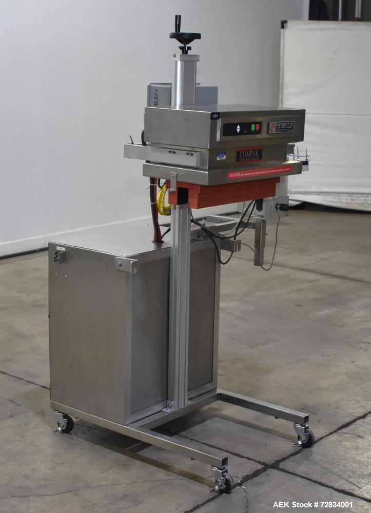 Used Enercon Compak Induction Cap Sealer, Model 3200. Air-cooled power supply, water-cooled sealing heads. 2 kW Output rating. Includes Enercon eject system, model LM4438-01. Enercon mobile cart, mod...