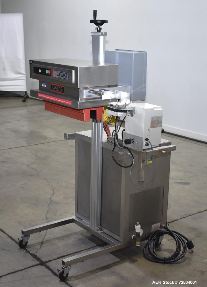 Used Enercon Compak Induction Cap Sealer, Model 3200. Air-cooled power supply, water-cooled sealing heads. 2 kW Output rating. Includes Enercon eject system, model LM4438-01. Enercon mobile cart, mod...