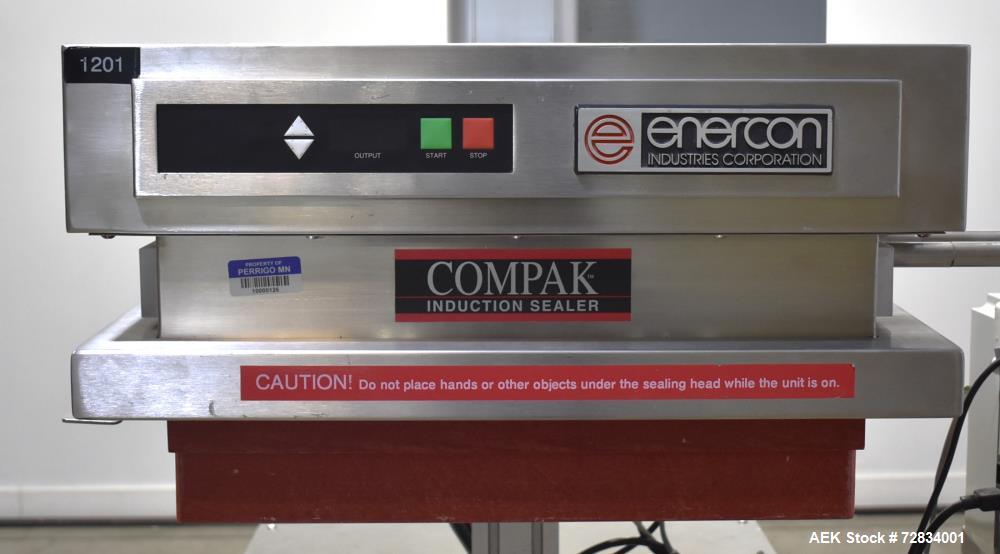 Used Enercon Compak Induction Cap Sealer, Model 3200. Air-cooled power supply, water-cooled sealing heads. 2 kW Output rating. Includes Enercon eject system, model LM4438-01. Enercon mobile cart, mod...