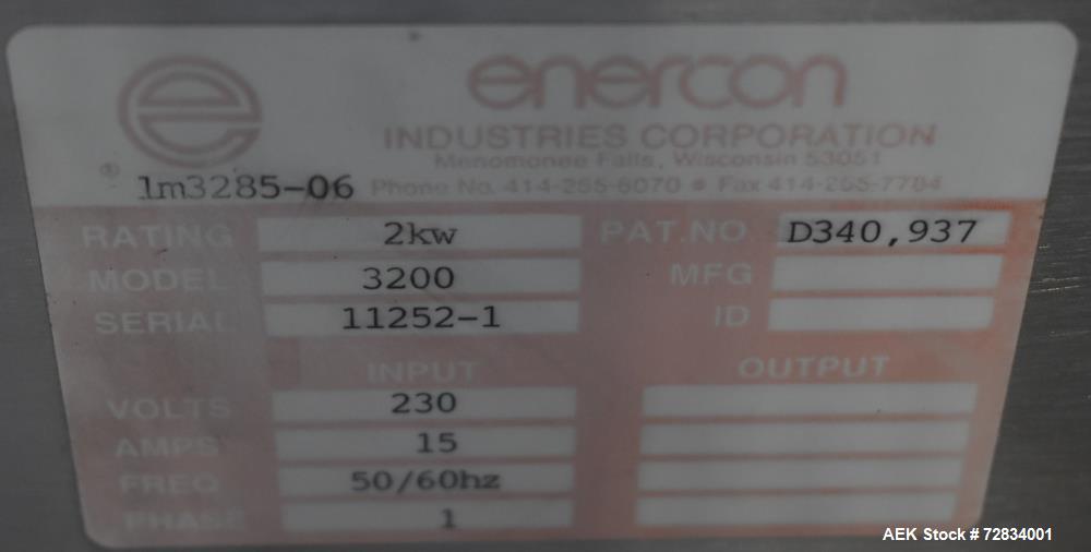 Used Enercon Compak Induction Cap Sealer, Model 3200. Air-cooled power supply, water-cooled sealing heads. 2 kW Output rating. Includes Enercon eject system, model LM4438-01. Enercon mobile cart, mod...