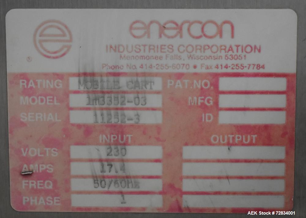 Used Enercon Compak Induction Cap Sealer, Model 3200. Air-cooled power supply, water-cooled sealing heads. 2 kW Output rating. Includes Enercon eject system, model LM4438-01. Enercon mobile cart, mod...