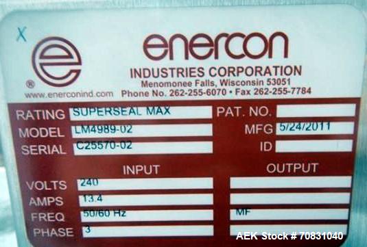 Used Enercon Super Seal Max Model LM4989-02 Induction Sealer. 2.5" Wide x 28" long seal section, 240 volt, serial# C25570-02, new 2011. 4KW Unit