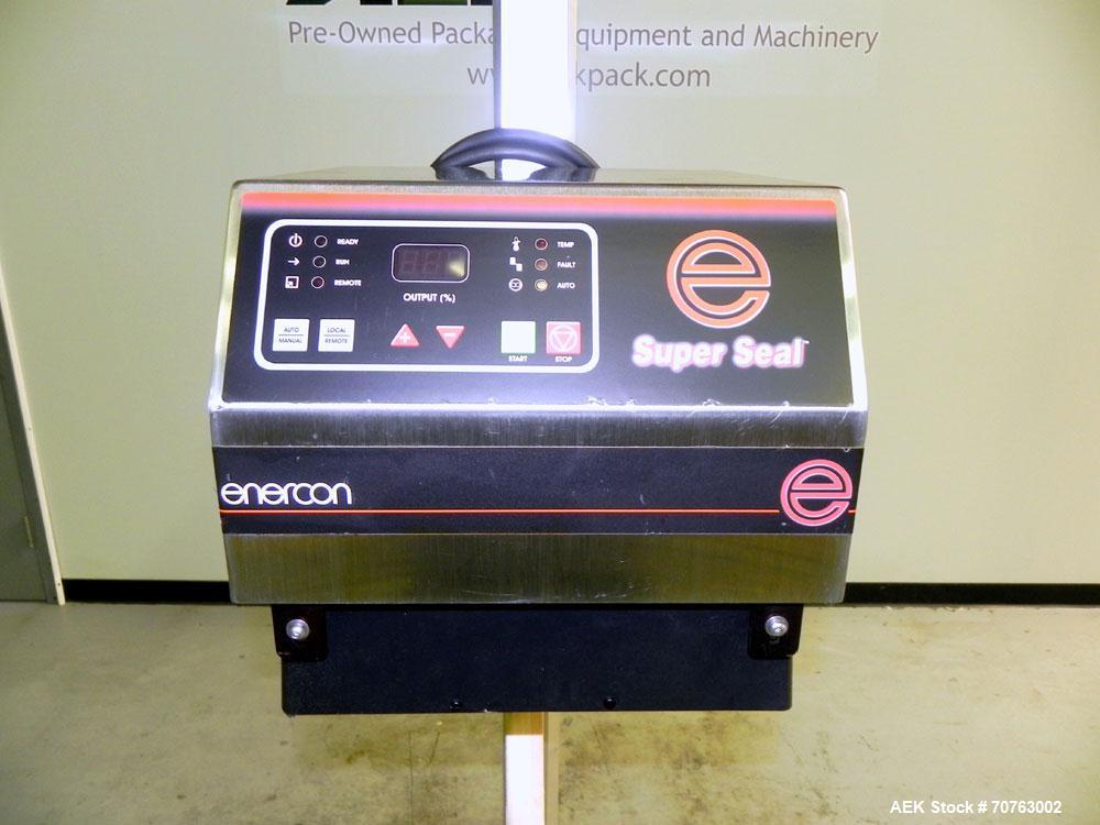 Used Enercon Super Seal 100 Air Cooled Induction Sealer. Has a 1.25" (wide) by 2" (tall) seal head opening. Ideal for 'Yorker Tip' caps & other style. Mounted on Adjustable Aluminum Stand. Built 2009.