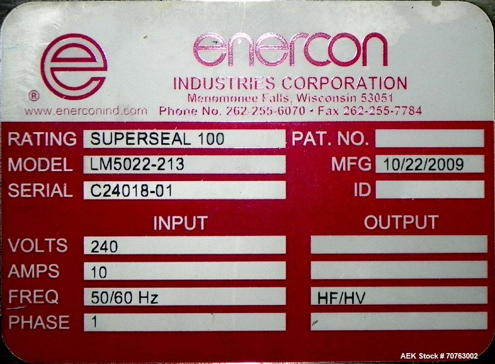 Used Enercon Super Seal 100 Air Cooled Induction Sealer. Has a 1.25" (wide) by 2" (tall) seal head opening. Ideal for 'Yorker Tip' caps & other style. Mounted on Adjustable Aluminum Stand. Built 2009.