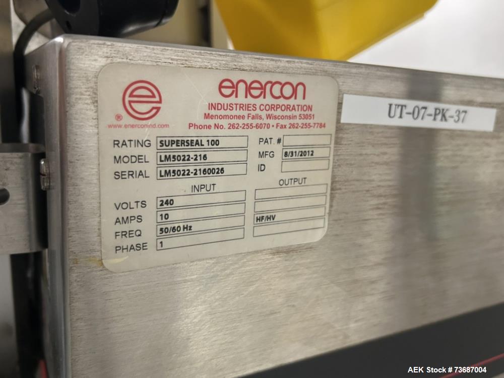 Used Enercon Superseal 100 LM5022-2163 Induction Cap Sealer: Max cap diameter: 50 millimeters Sealing chamber dimensions: Length: 13.5 inches Width: 2 inches Air cooled Designed to be placed over a i...