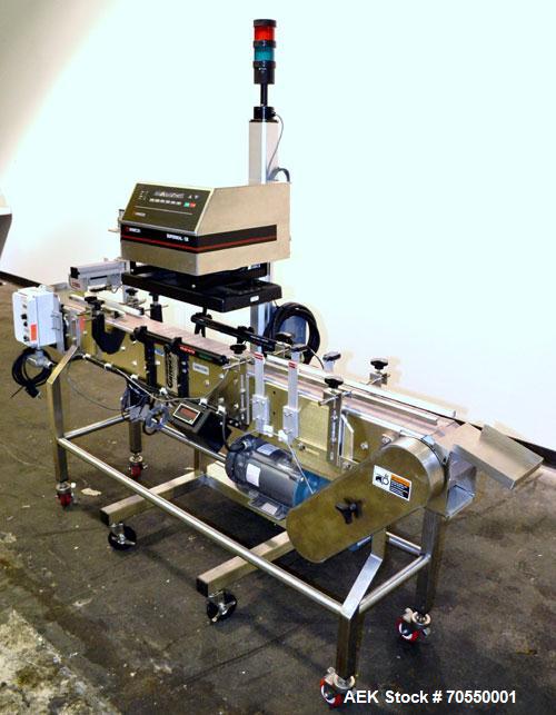 Used Enercon Superseal DX Air Cooled Induction Sealer. Model LM4466-1. 3/50/60 HZ, 240 volt, 8.7 amps. Mounted on an adjustable height stand. Includes seal detection, stalled bottle sensor, input tra...