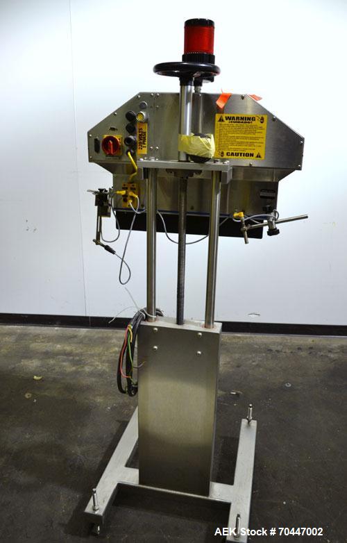 Used Automate Technologies Cap Induction Sealer, Model AM-20. Approximate 3" wide x 21" long seal area, air cooled. Mounted on a stainless steel adjustable height frame with casters.