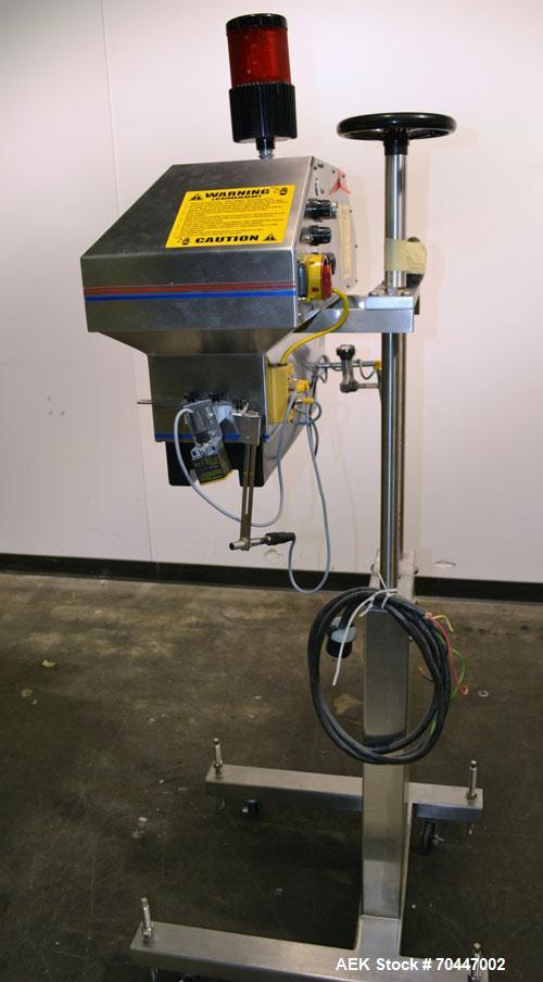 Used Automate Technologies Cap Induction Sealer, Model AM-20. Approximate 3" wide x 21" long seal area, air cooled. Mounted on a stainless steel adjustable height frame with casters.