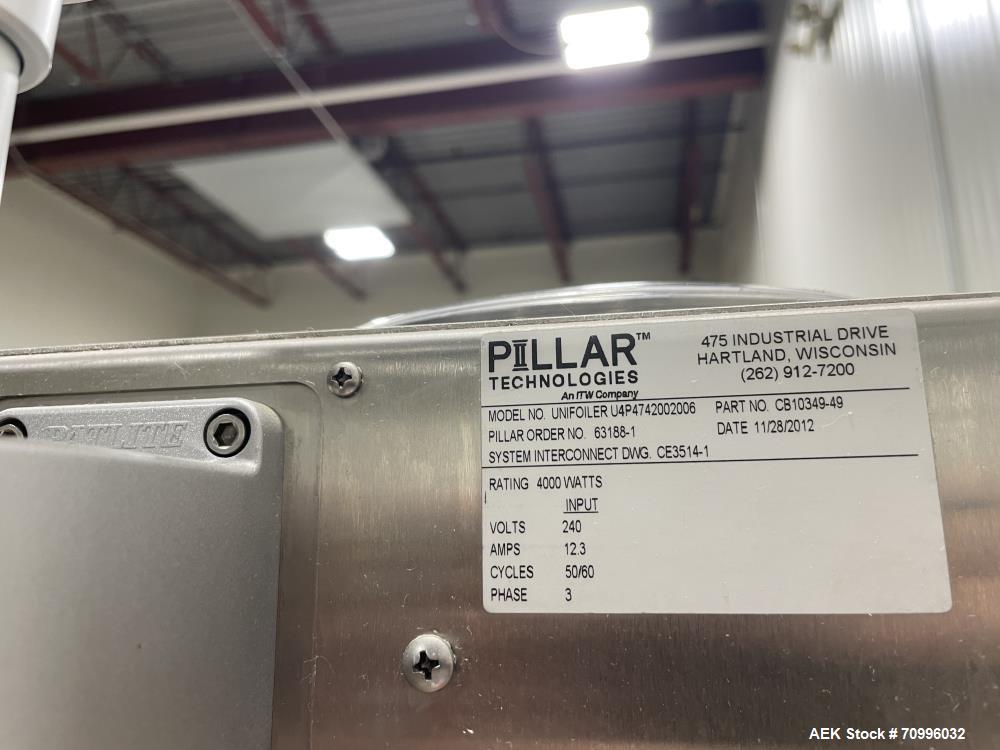 Used Pillar Model Unifoiler, compact, air cooled induction sealing system from 0 to 120 feet per minute with number of product per minute - depending on materials and application. Equipped with 4kw a...