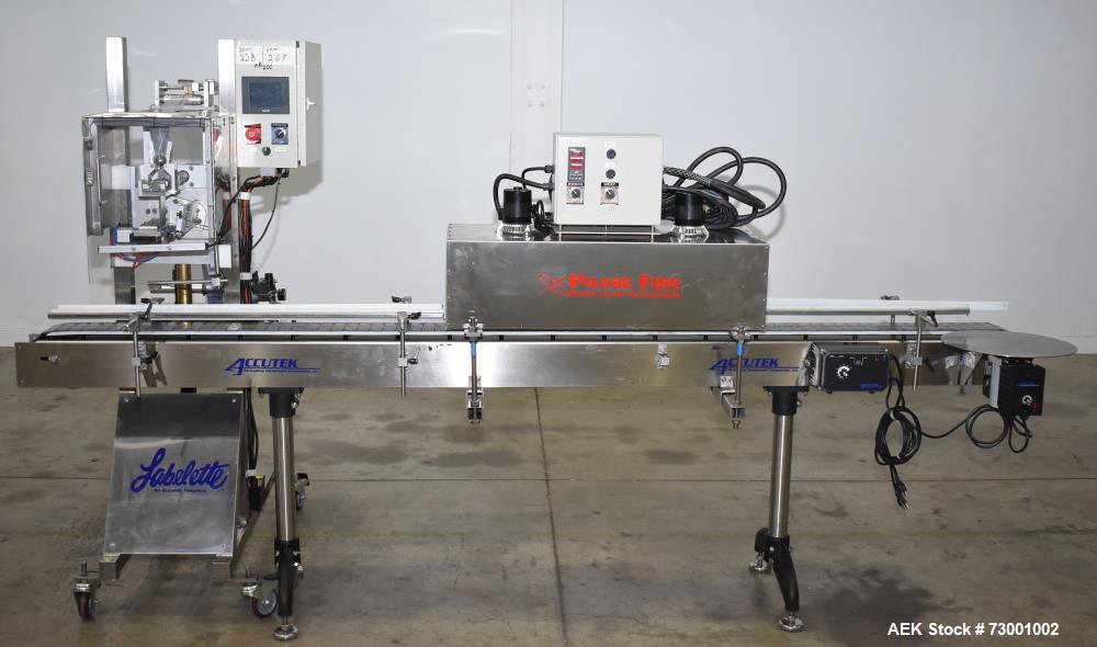 Used- Accutek Packaging Tamper-Evident (TE) Bander with Heat Tunnel and Conveyor. Capable of speeds up to 65 CPM. Container ...