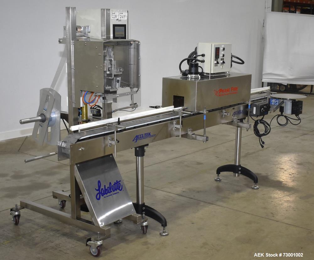 Used- Accutek Packaging Tamper-Evident (TE) Bander with Heat Tunnel and Conveyor. Capable of speeds up to 65 CPM. Container ...