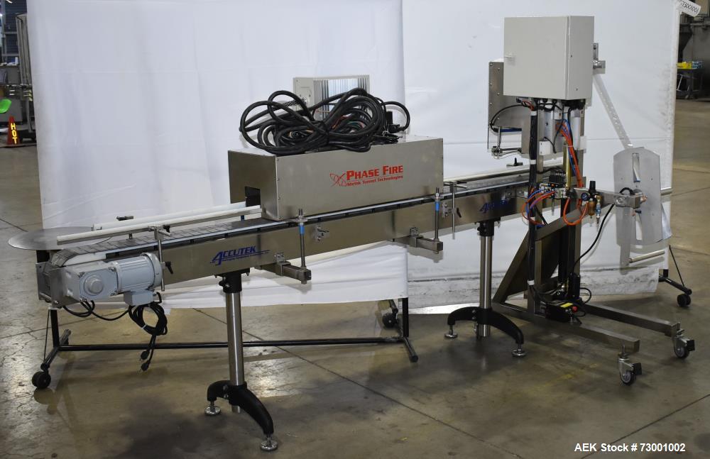 Used- Accutek Packaging Tamper-Evident (TE) Bander with Heat Tunnel and Conveyor. Capable of speeds up to 65 CPM. Container ...