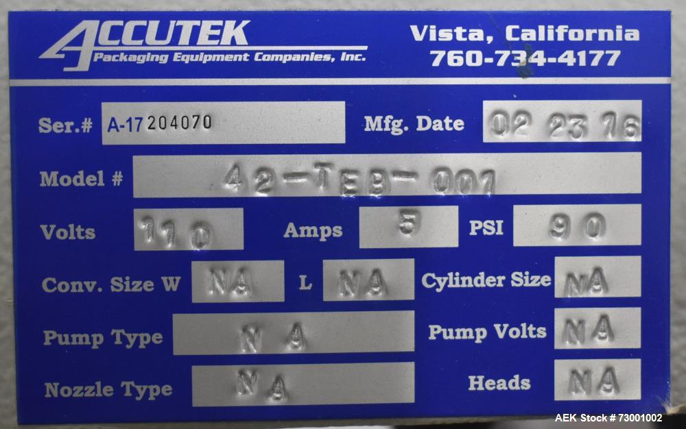 Used- Accutek Packaging Tamper-Evident (TE) Bander with Heat Tunnel and Conveyor. Capable of speeds up to 65 CPM. Container ...