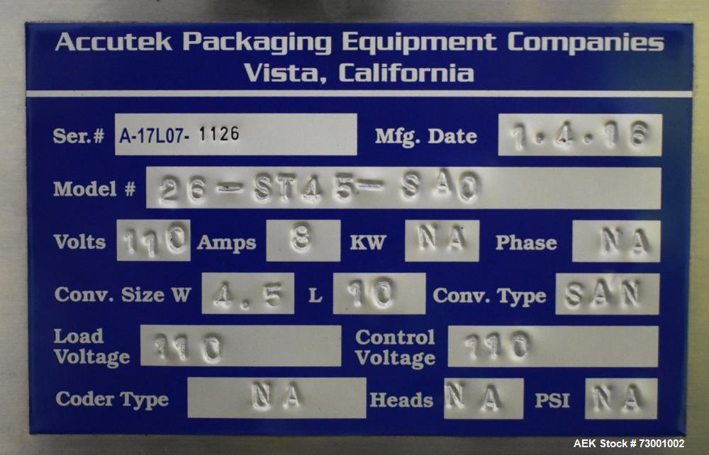 Used- Accutek Packaging Tamper-Evident (TE) Bander with Heat Tunnel and Conveyor. Capable of speeds up to 65 CPM. Container ...