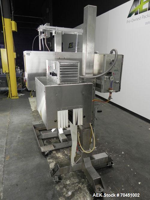 Used Axon Model EZ-100 Heat Shrink Tamper Evident Band & Sleeve Label Applicator. Rated up to 150 ppm depending on the container. Machine is of stainless steel construction. Sleeve size 20 to 100mm f...