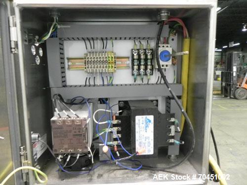 Used Axon Model EZ-100 Heat Shrink Tamper Evident Band & Sleeve Label Applicator. Rated up to 150 ppm depending on the container. Machine is of stainless steel construction. Sleeve size 20 to 100mm f...