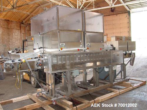 Used Axon EZ-2-400 Twin Head Stainless Steel Neck Bander With Twin Stainless Steel Heat Tunnels. Capable of speeds up to 90 CPM. Container size range widths from 3-11/16" to 9-7/8" and sleeve lay fla...