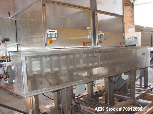 Used Axon EZ-2-400 Twin Head Stainless Steel Neck Bander With Twin Stainless Steel Heat Tunnels. Capable of speeds up to 90 CPM. Container size range widths from 3-11/16" to 9-7/8" and sleeve lay fla...