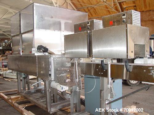Used Axon EZ-2-400 Twin Head Stainless Steel Neck Bander With Twin Stainless Steel Heat Tunnels. Capable of speeds up to 90 CPM. Container size range widths from 3-11/16" to 9-7/8" and sleeve lay fla...