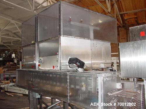 Used Axon EZ-2-400 Twin Head Stainless Steel Neck Bander With Twin Stainless Steel Heat Tunnels. Capable of speeds up to 90 CPM. Container size range widths from 3-11/16" to 9-7/8" and sleeve lay fla...