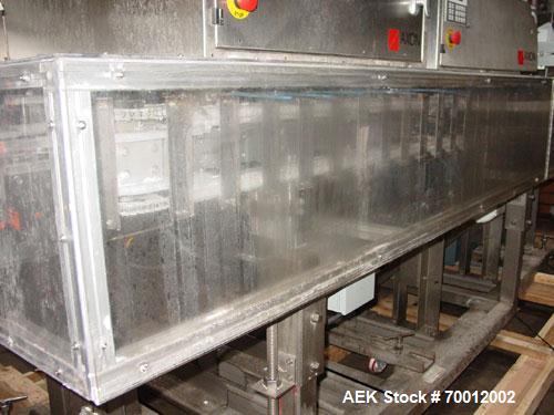 Used Axon EZ-2-400 Twin Head Stainless Steel Neck Bander With Twin Stainless Steel Heat Tunnels. Capable of speeds up to 90 CPM. Container size range widths from 3-11/16" to 9-7/8" and sleeve lay fla...