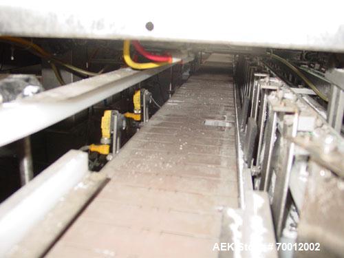 Used Axon EZ-2-400 Twin Head Stainless Steel Neck Bander With Twin Stainless Steel Heat Tunnels. Capable of speeds up to 90 CPM. Container size range widths from 3-11/16" to 9-7/8" and sleeve lay fla...