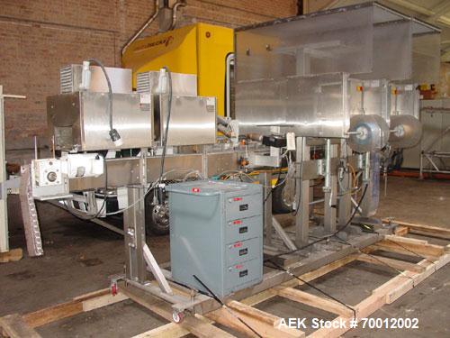 Used Axon EZ-2-400 Twin Head Stainless Steel Neck Bander With Twin Stainless Steel Heat Tunnels. Capable of speeds up to 90 CPM. Container size range widths from 3-11/16" to 9-7/8" and sleeve lay fla...