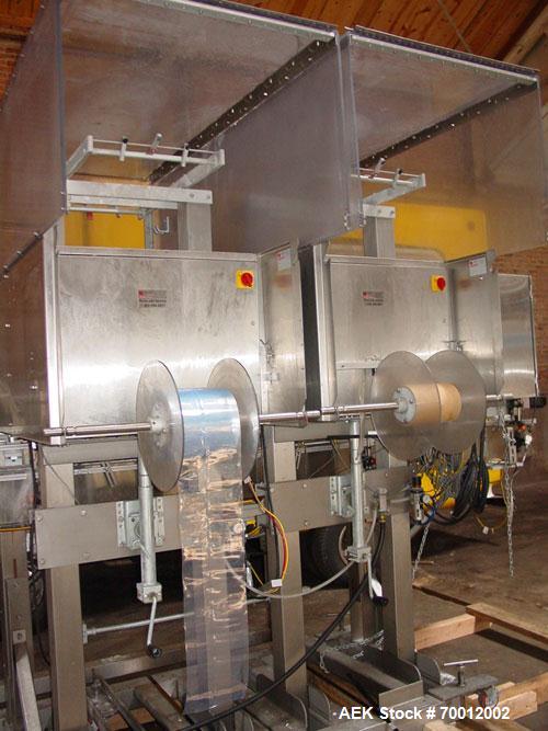 Used Axon EZ-2-400 Twin Head Stainless Steel Neck Bander With Twin Stainless Steel Heat Tunnels. Capable of speeds up to 90 CPM. Container size range widths from 3-11/16" to 9-7/8" and sleeve lay fla...