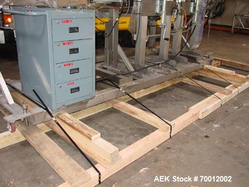Used Axon EZ-2-400 Twin Head Stainless Steel Neck Bander With Twin Stainless Steel Heat Tunnels. Capable of speeds up to 90 CPM. Container size range widths from 3-11/16" to 9-7/8" and sleeve lay fla...