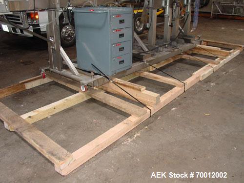 Used Axon EZ-2-400 Twin Head Stainless Steel Neck Bander With Twin Stainless Steel Heat Tunnels. Capable of speeds up to 90 CPM. Container size range widths from 3-11/16" to 9-7/8" and sleeve lay fla...