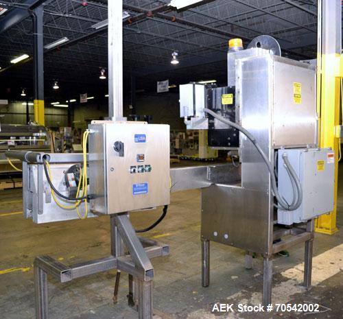 Used PDC Model 75-M Tamper Evident Neck Bander. Capable of speeds up to 300 bottles per minute. Band size range: (Diameter) 3/8" to 3", (Height) 3/4" to 2". Band cut off: Unregistered. Has wormscrew ...