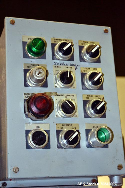Used PDC Model 75-M Tamper Evident Neck Bander. Capable of speeds up to 300 bottles per minute. Band size range: (Diameter) 3/8" to 3", (Height) 3/4" to 2". Band cut off: Unregistered. Has wormscrew ...