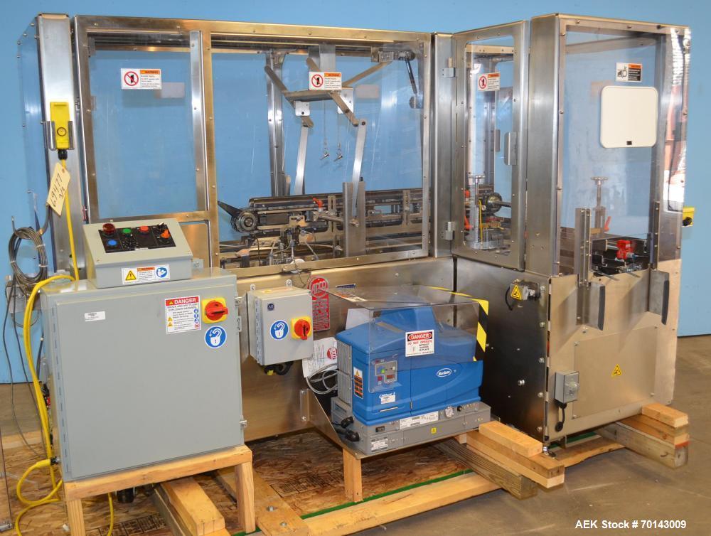 Used Adco Complete Top Load Forming and Tri-Closing Carton Line designed to form glued or lock style trays and tri-seal cartons and sealing of same, 35 cpm.  Includes Adco model AFCX351SS stainless s...