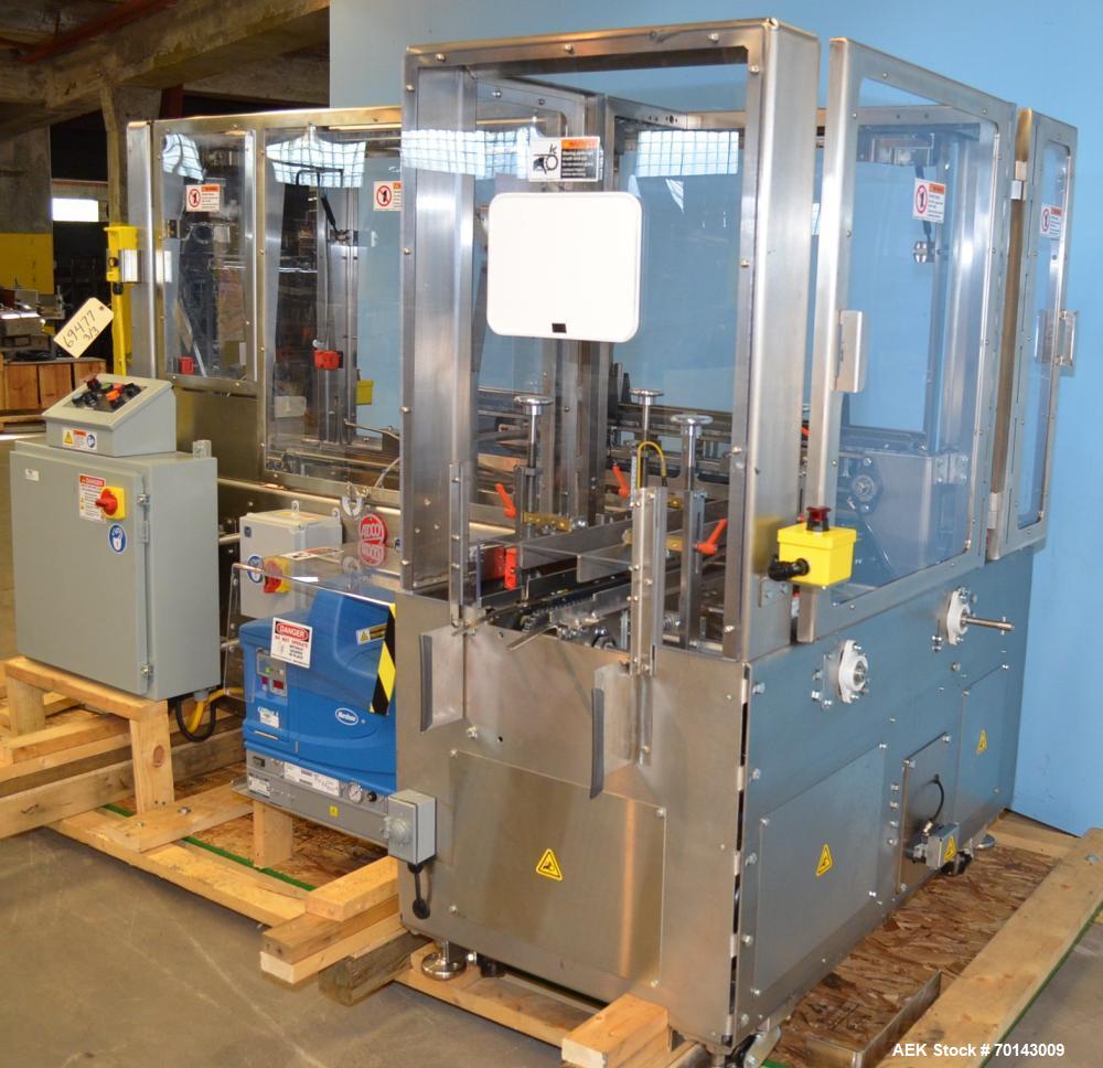 Used Adco Complete Top Load Forming and Tri-Closing Carton Line designed to form glued or lock style trays and tri-seal cartons and sealing of same, 35 cpm.  Includes Adco model AFCX351SS stainless s...