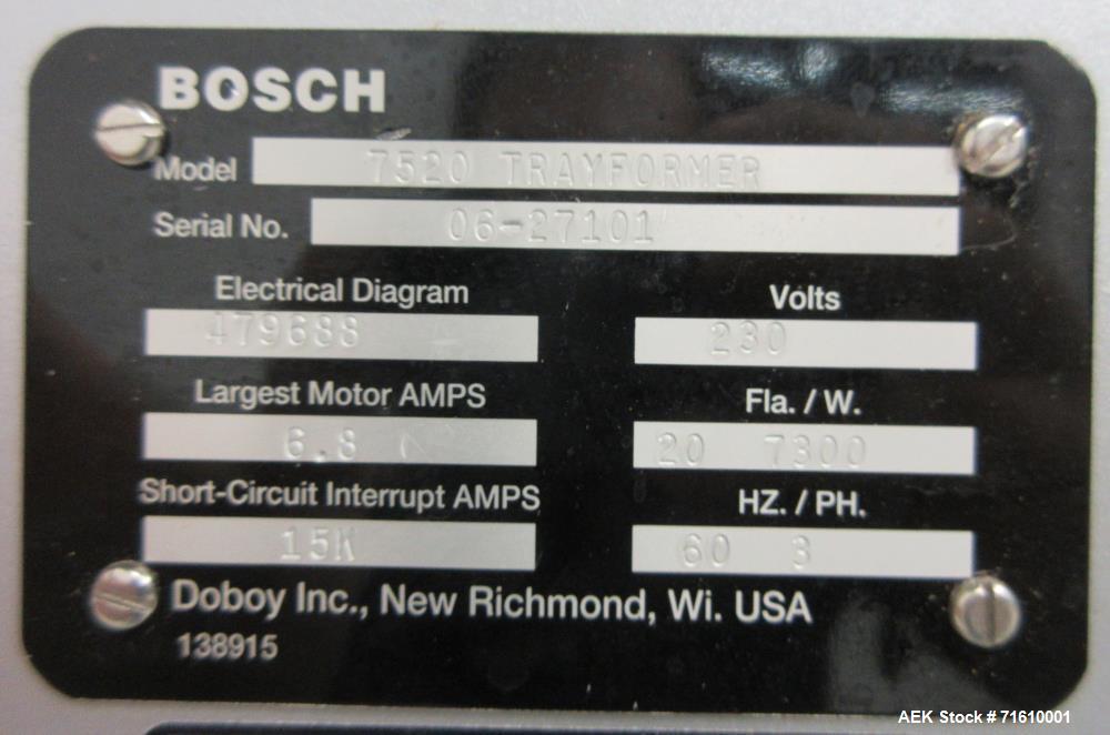 Used Bosch (Doboy) Model 7520 Automatic Dual Head Tray Former and Top Load Carton Former. Capable of speeds from 50 - 150 Trays/Cartons per minute (depending on application). Set up with Nordson Pro ...