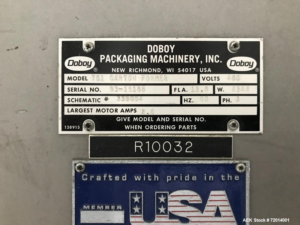 Used Doboy Tray Former, Model 751. Single mandrel former with hot melt. Relay logic for controls. Nordson ProBlue 10 hot melt system. 3/60/460V. Built 1993.