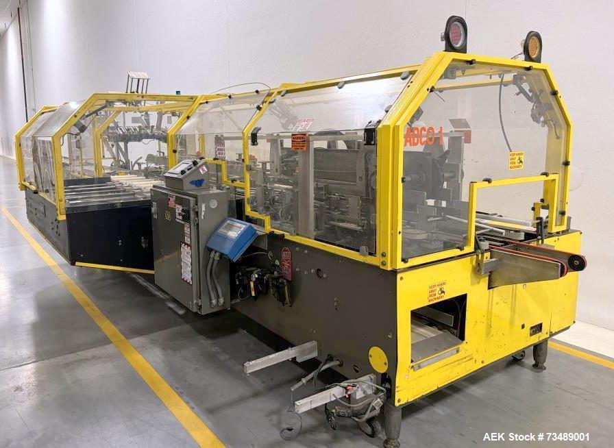 Used Adco Model 12LBC100-EC Automatic Horizontal Cartoner with Top Squaring for Large Width Cartons. Machine is capable of speeds up to 25 to 100 cartons per minute depending on carton size and appli...