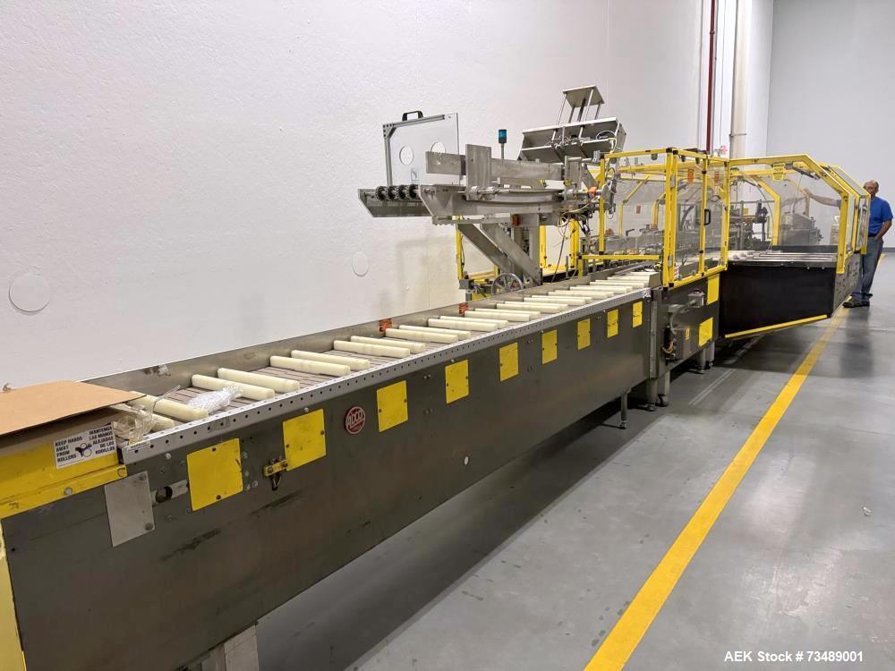 Used Adco Model 12LBC100-EC Automatic Horizontal Cartoner with Top Squaring for Large Width Cartons. Machine is capable of speeds up to 25 to 100 cartons per minute depending on carton size and appli...