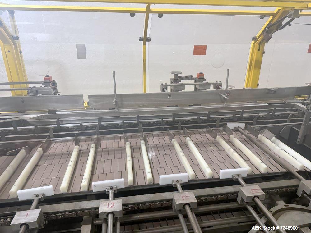 Used Adco Model 12LBC100-EC Automatic Horizontal Cartoner with Top Squaring for Large Width Cartons. Machine is capable of speeds up to 25 to 100 cartons per minute depending on carton size and appli...