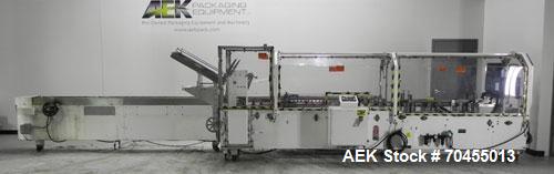 Used Adco Model 15DBC105-EC Automatic Horizontal Cartoner. Capable of speeds from 50 to 125 cartons per minute. Has two head rotary carton feed with 4' long magazine. Machine is set on 12" centers fo...