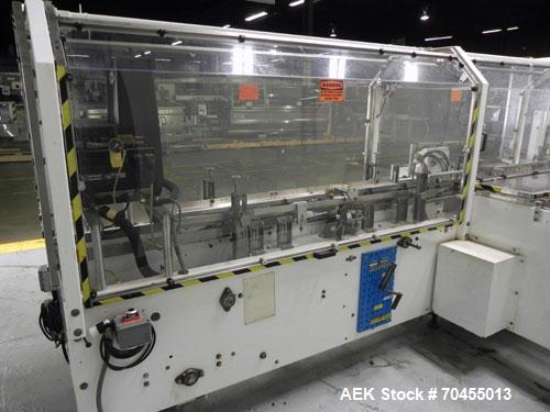 Used Adco Model 15DBC105-EC Automatic Horizontal Cartoner. Capable of speeds from 50 to 125 cartons per minute. Has two head rotary carton feed with 4' long magazine. Machine is set on 12" centers fo...