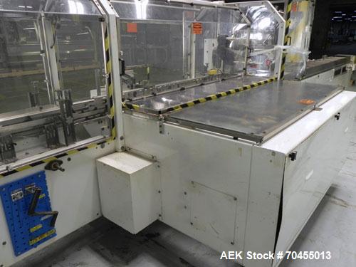 Used Adco Model 15DBC105-EC Automatic Horizontal Cartoner. Capable of speeds from 50 to 125 cartons per minute. Has two head rotary carton feed with 4' long magazine. Machine is set on 12" centers fo...