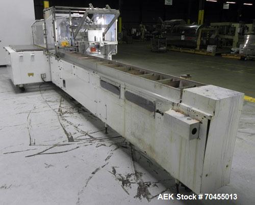 Used Adco Model 15DBC105-EC Automatic Horizontal Cartoner. Capable of speeds from 50 to 125 cartons per minute. Has two head rotary carton feed with 4' long magazine. Machine is set on 12" centers fo...