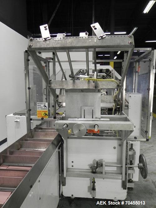 Used Adco Model 15DBC105-EC Automatic Horizontal Cartoner. Capable of speeds from 50 to 125 cartons per minute. Has two head rotary carton feed with 4' long magazine. Machine is set on 12" centers fo...