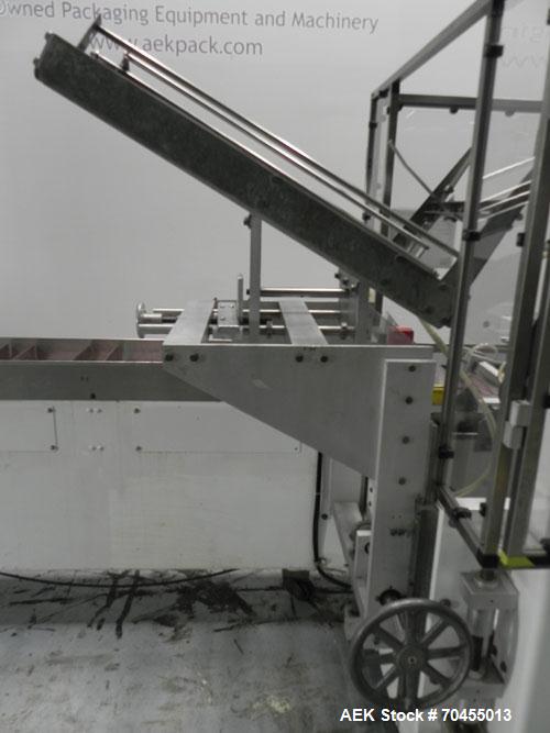 Used Adco Model 15DBC105-EC Automatic Horizontal Cartoner. Capable of speeds from 50 to 125 cartons per minute. Has two head rotary carton feed with 4' long magazine. Machine is set on 12" centers fo...