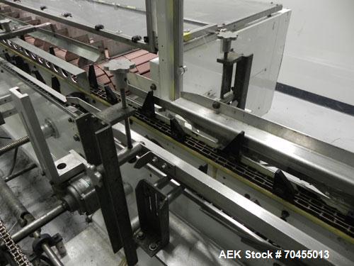 Used Adco Model 15DBC105-EC Automatic Horizontal Cartoner. Capable of speeds from 50 to 125 cartons per minute. Has two head rotary carton feed with 4' long magazine. Machine is set on 12" centers fo...